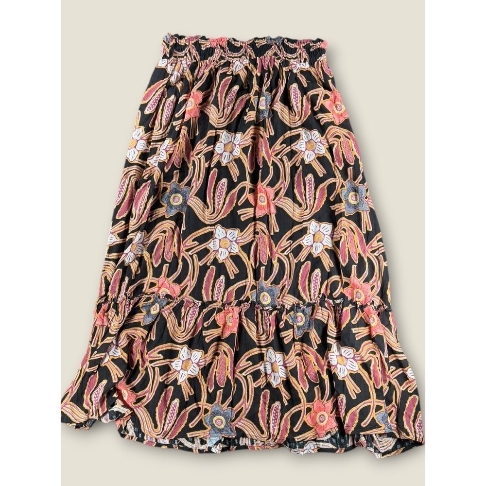 Christian Siriano New York Floral Metallic Tiered Midi Skirt Black Pink Medium